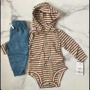 Baby Boy Carter's 2-Piece Hooded Bodysuit Pant Set Brown Stipes & Blue 6 Mo